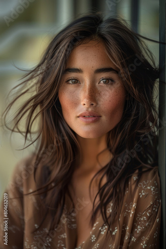 Portrait studio d'une jeune modèle asiatique de 25 ans aux cheveux longs et yeux marrons