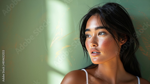 jeune femme asiatique contre un mur bleu vert, le regard lointain photo