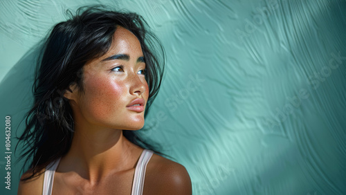 jeune femme asiatique contre un mur bleu vert, le regard lointain photo