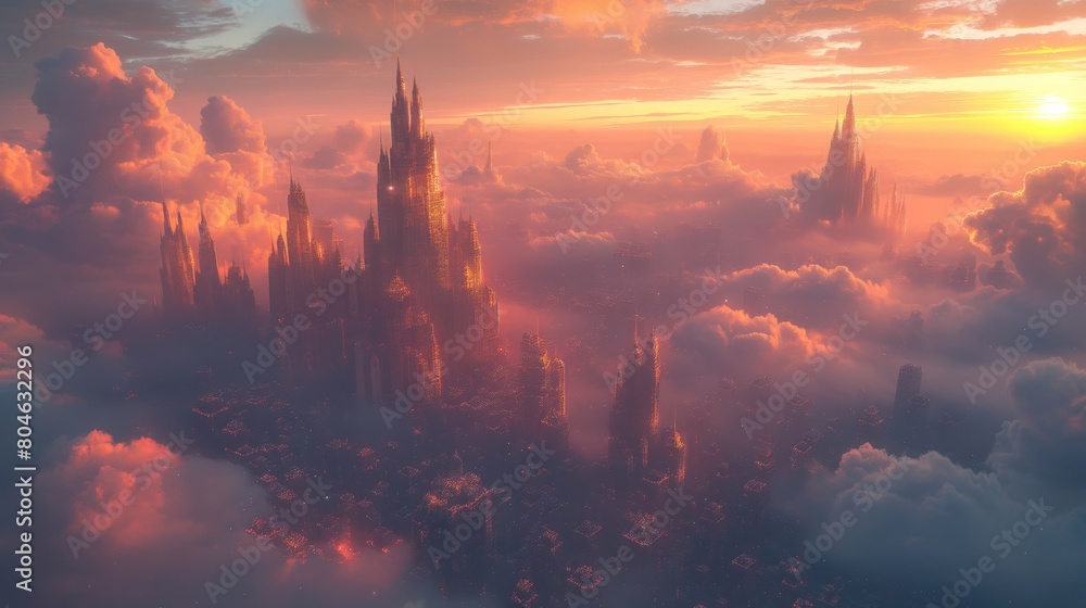 Naklejka premium Fantasy City Above Clouds at Sunrise