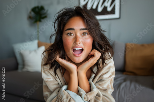 femme asiatique de face assise dans un canapé exprimant la surprise et l'étonnement photo