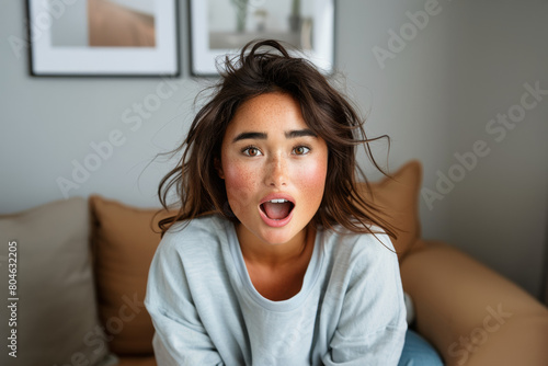 femme asiatique de face assise dans un canapé exprimant la surprise et l'étonnement photo