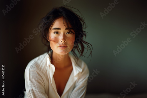 jeune femme asiatique portant une chemise blanche en lin sur fond neutre, espace pour texte