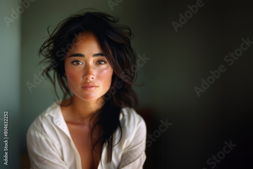 jeune femme asiatique portant une chemise blanche en lin sur fond neutre, espace pour texte photo