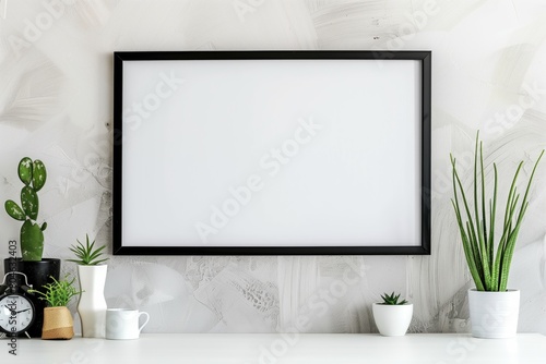 A black framed white wall with a plant and a white vase on a shelf. The plant is a small green plant with a leafy stem