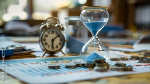 Hourglass  coins  alarm clock  and calendar on desk symbolizing effective time management