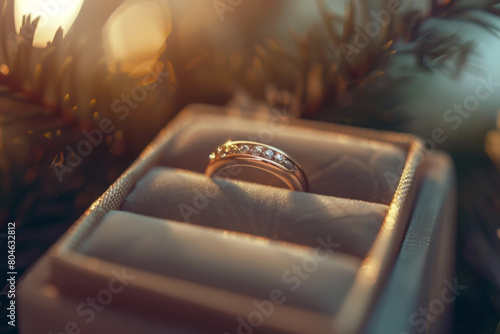 Wedding gold wedding ring with a scattering of diamonds on a box on a blurred background. Wedding décor. Close-up. Banner. Bride and Groom's Wedding Rings 