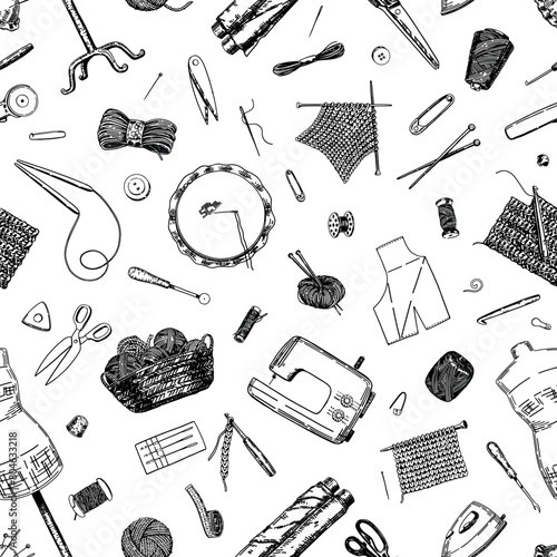 Seamless pattern of handicraft equipment, needlecraft hobby. Ornament of tailor tools, crochet, knitting, thread, needle, scissors.