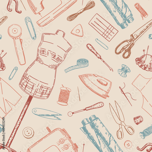 Seamless pattern of tailor tools. Ornament of sewing machine, mannequin, fabrics, threads, needles, scissors, dressmaker equipment.