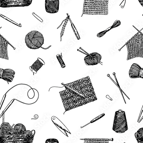 Hobby, knitwork seamless pattern. Ornament of knitting needles, crochet hook, yarn, stitch marker, handicraft tools. Vector design in retro style.