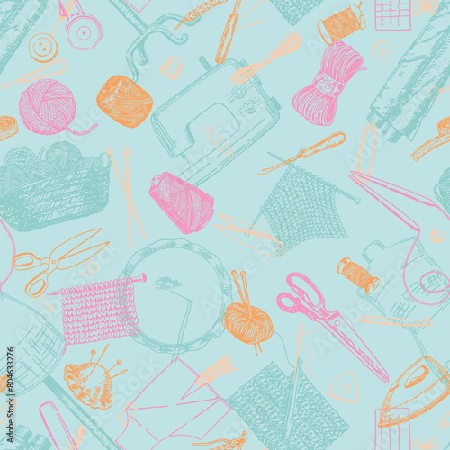 Seamless pattern of handicraft equipment, needlecraft hobby. Ornament of tailor tools, crochet, knitting, thread, needle, scissors.