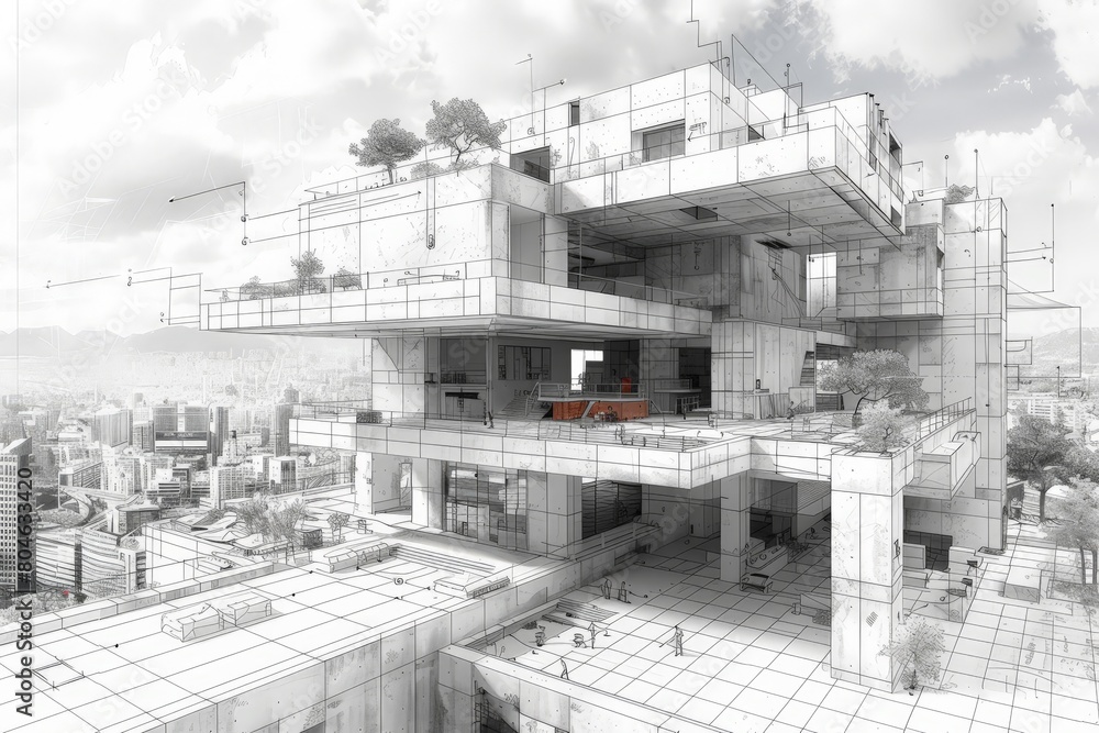 Obraz premium A complex and detailed architectural drawing of a contemporary building showcasing its design and structure