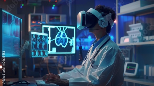 Digital doctor healthcare science medical remote technology concept AI metaverse doctor optimize patient care medicine pharmaceuticals biologics treatment VR examination diagnosis doctor working