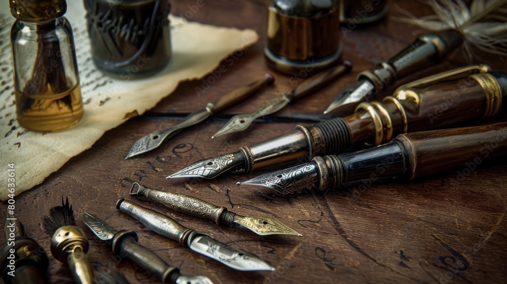 Metallic Calligraphy Nibs and Ink Bottles on Dark Wood Surface