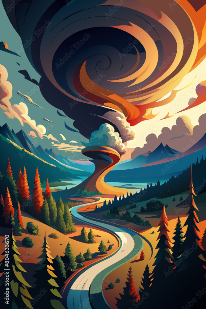 Surreal Twisting Landscape with Whirlwind Sky and Winding Road