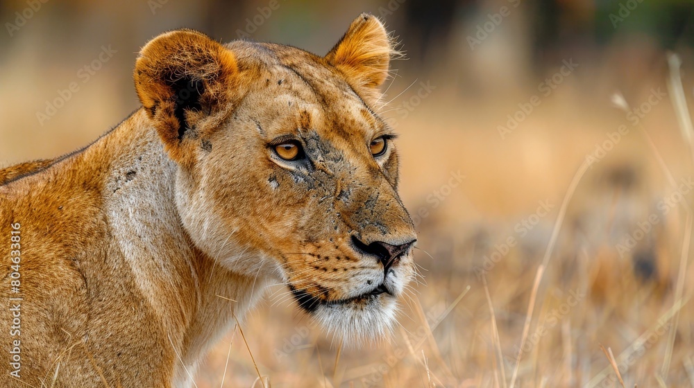 Side view of a graceful wild lioness running on dry grassy meadow on a sunny day in the savanna. Bright colors. Side view of a graceful wild lioness running on dry grassy meadow on a sunny day in the savanna. Bright colors.