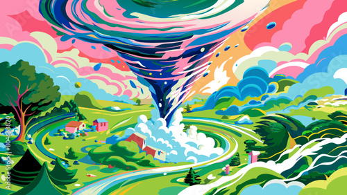 Vibrant Digital Art of a Whimsical Tornado over Colorful Landscape