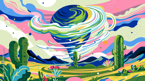 Surreal Desert Landscape with Vibrant Twisting Tornado