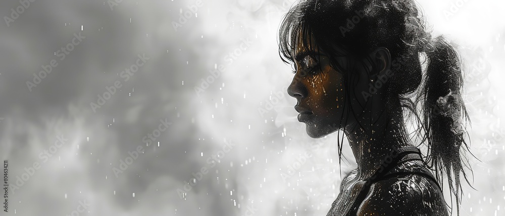 Obraz premium illustration of a beautiful woman with black hair in the rain