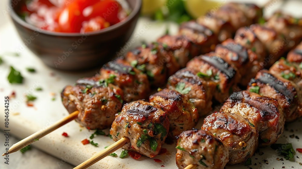 Delicious meat kebabs on wooden skewers, closeup