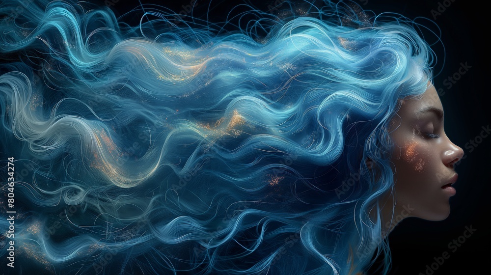 Enigmatic Woman with Flowing Ethereal Blue Hair