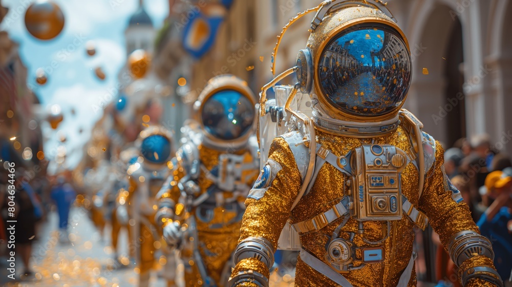 Naklejka premium Astronaut Parade in Golden Space Suits on City Street