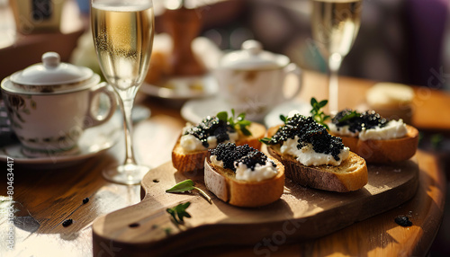 photograph of bruschetta with butter and black caviar on wooden table with cups of coffee and glasses of champagne