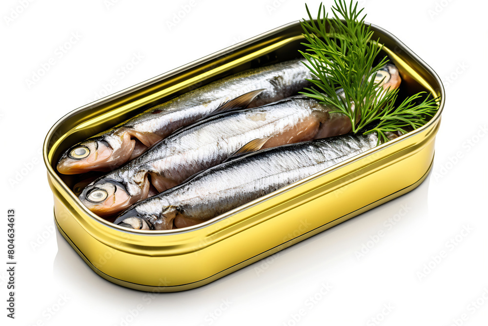 Sardine can with isolated white background, in photo realistic style Sardine can with isolated white background, in photo realistic style