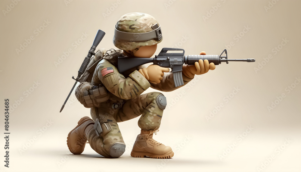 Crouching soldier in playful 3D caricature, Cartoonish 3D render of soldier in camouflage, Crouching soldier in playful 3D caricature, Cartoonish 3D render of soldier in camouflage,