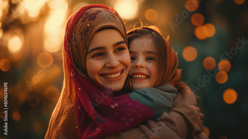 Islamic woman embraces her smiling daughter