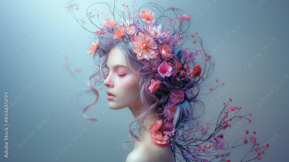 Ethereal Woman with Floral Headdress in Dreamy Tones Ethereal Woman with Floral Headdress in Dreamy Tones