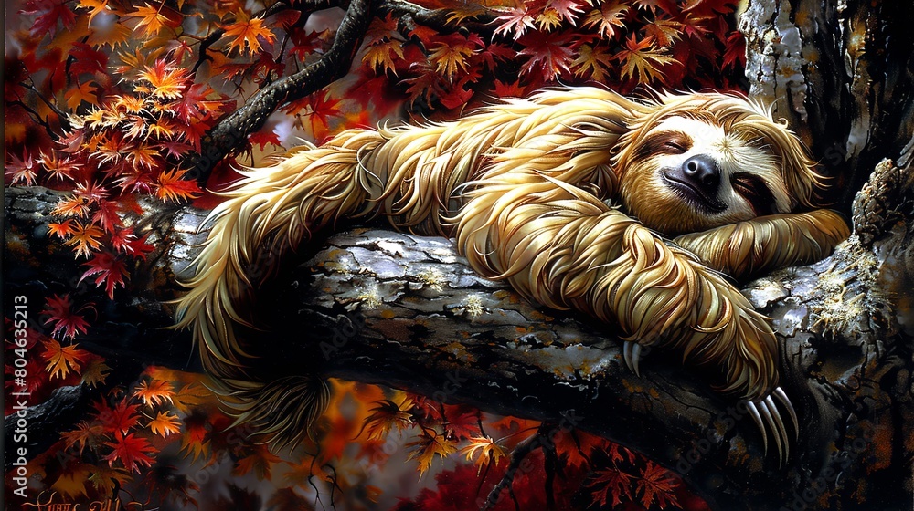 Fototapeta premium A sloth is hanging from a tree branch. The sloth is surrounded by red and yellow leaves. The sloth is sleeping.