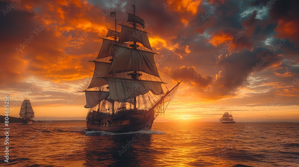 Obraz premium Golden Sunset Sailing with Vintage Ships