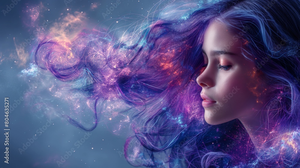 Cosmic Fantasy Portrait of Woman with Flowing Hair Cosmic Fantasy Portrait of Woman with Flowing Hair