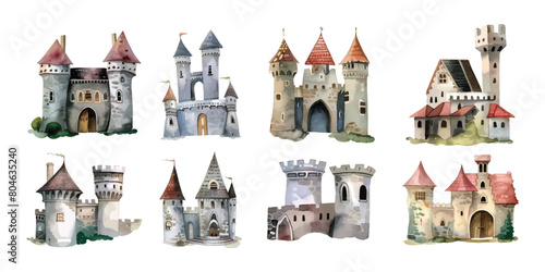 Set collection of various hand drawn watercolor painted artistic castles, historical fortification,fairy tale whimsy illustration