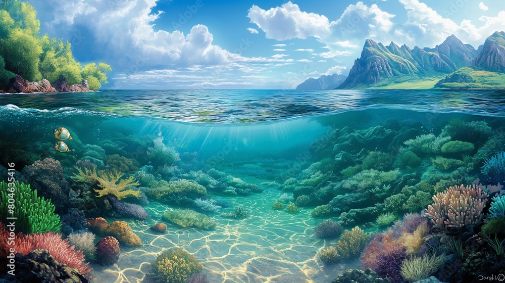 Underwater Coral Reef and Coastal Mountainscape