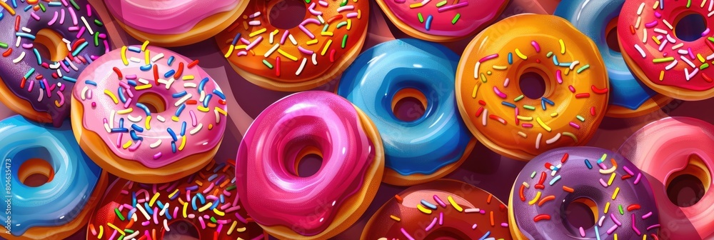 illustration, horizontal banner, National Donut Day, lots of colorful donuts covered with icing and confetti, background illustration, horizontal banner, National Donut Day, lots of colorful donuts covered with icing and confetti, background