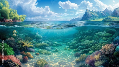 Underwater Coral Reef and Coastal Mountainscape