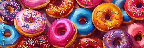 illustration  horizontal banner  National Donut Day  lots of colorful donuts covered with icing and confetti  background