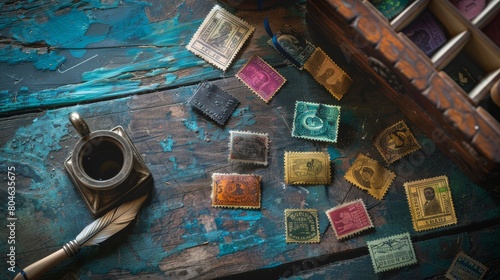 Philatelic Display of Vintage Stamps on Wooden Table. photo