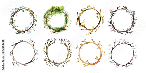 Set collection of various hand drawn watercolor wreath branches twigs forming circular frames , decoration, wedding invitations, greeting cards illustrations