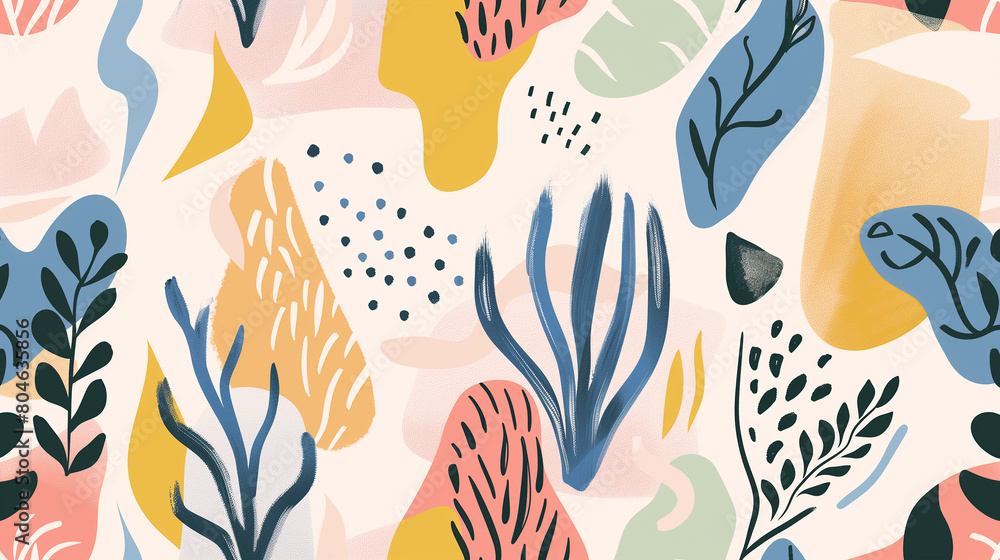 Obraz premium Decorative wallpaper in seventies style on a light beige background with blue, yellow and pink lines and leaves. Repeating pattern.