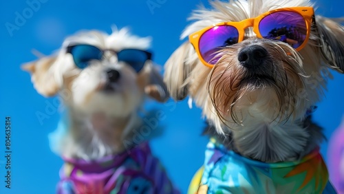 Stylish Dogs Celebrating International Pet Day in Sunglasses and Colorful Outfits on Blue Background. Concept Pet Photography, Stylish Outfits, Sunglasses, International Pet Day, Blue Background