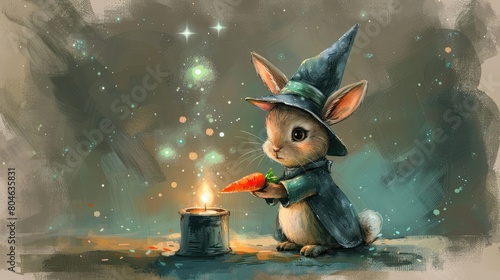 A cute cartoon rabbit wearing a wizard hat is holding a carrot in front of a candle. photo