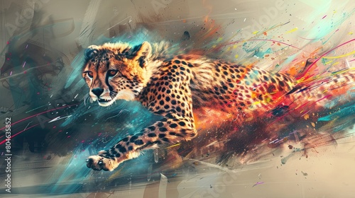 A digital painting of a cheetah running mid-stride with a colorful abstract background. photo