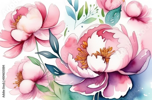 Peonies on a beautiful blurry background. A five blooming flowers. Beautiful lush pink flowers on a blue-green watercolor background