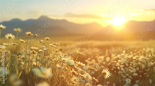 Idyllic nature landscape at sunset in a field of daisies