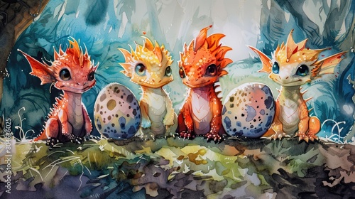 A watercolor painting of a group of baby dragons sitting on a log in a forest setting. photo