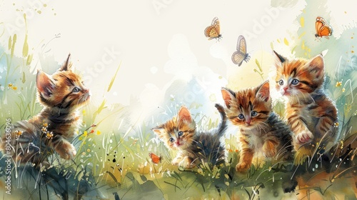 Four kittens playing in a field of flowers and butterflies