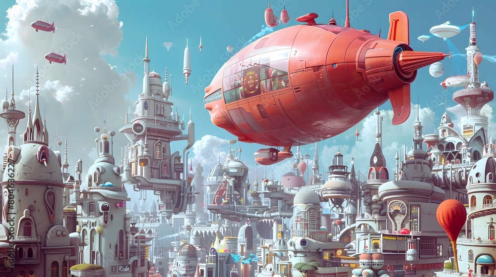 3D cartoon, colorful steampunk airship flying over a fantasy city with ...